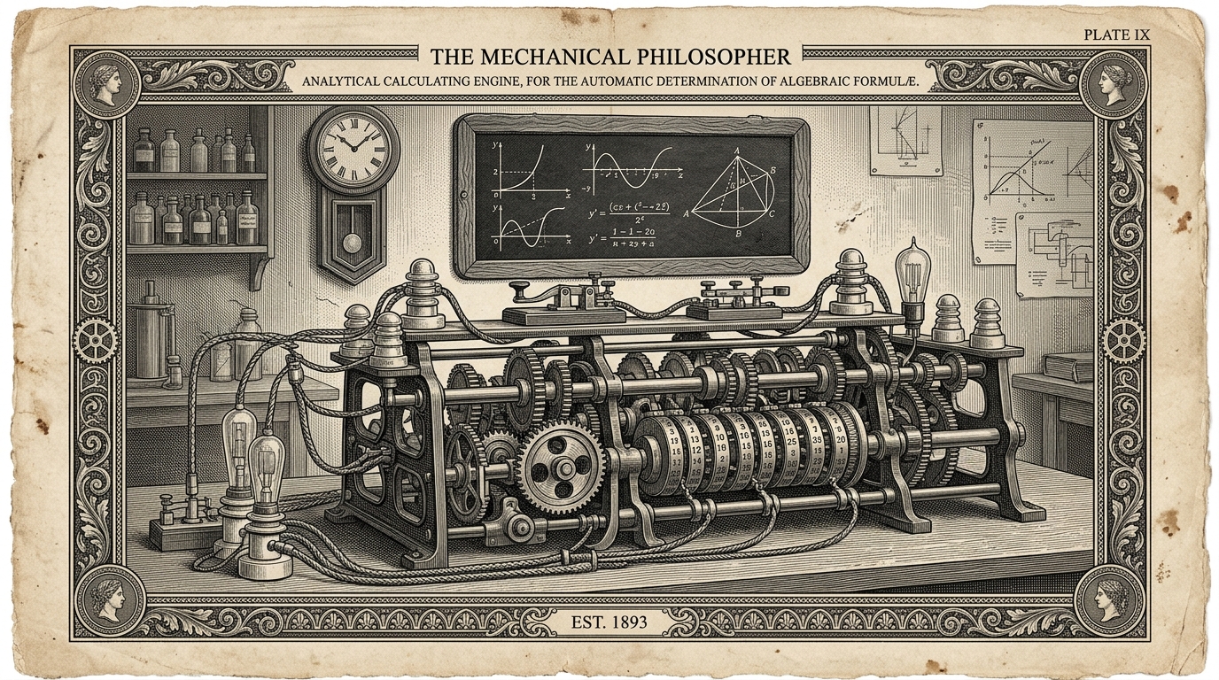 An engraved diagram of an intricate Victorian mechanical analytical engine with brass gears, differential telegraph tickers, and mathematical proof cylinders printed in sepia and oxblood ink on aged newsprint parchment.