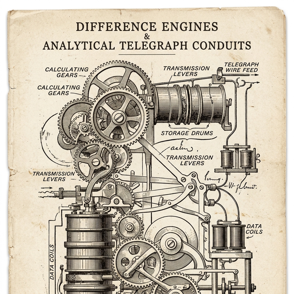 An engraved diagram of Victorian difference engines and analytical telegraph conduits on aged newsprint parchment.