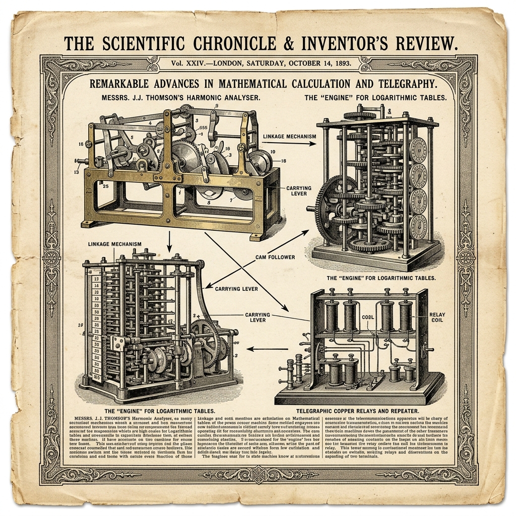 An engraved scientific diagram of Victorian mechanical harmonic analyzers, difference engines, mathematical calculation linkages, and telegraphic copper relays on aged newsprint parchment.