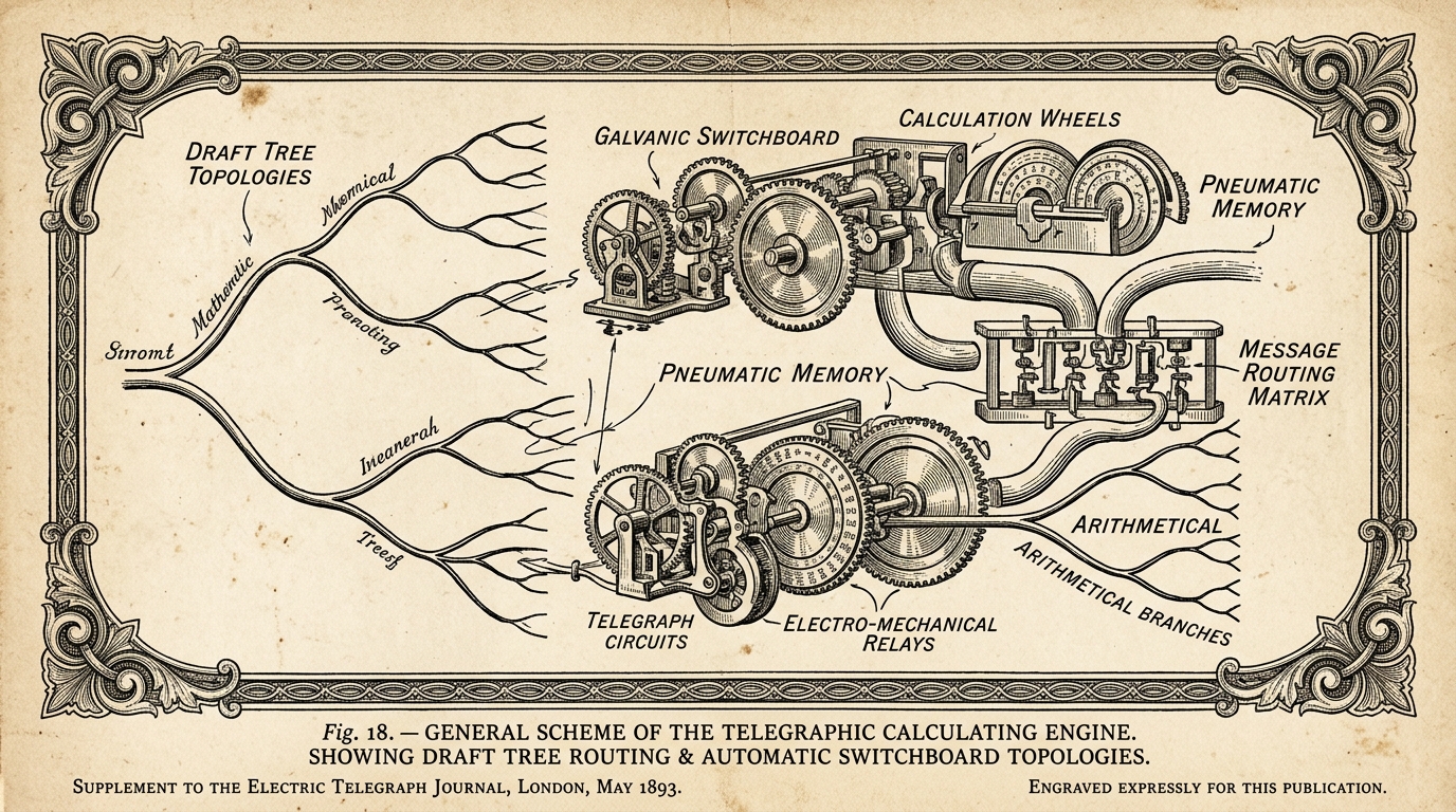 An engraved diagram of a Victorian telegraphic calculating engine showing draft tree routing and automatic switchboard topologies.