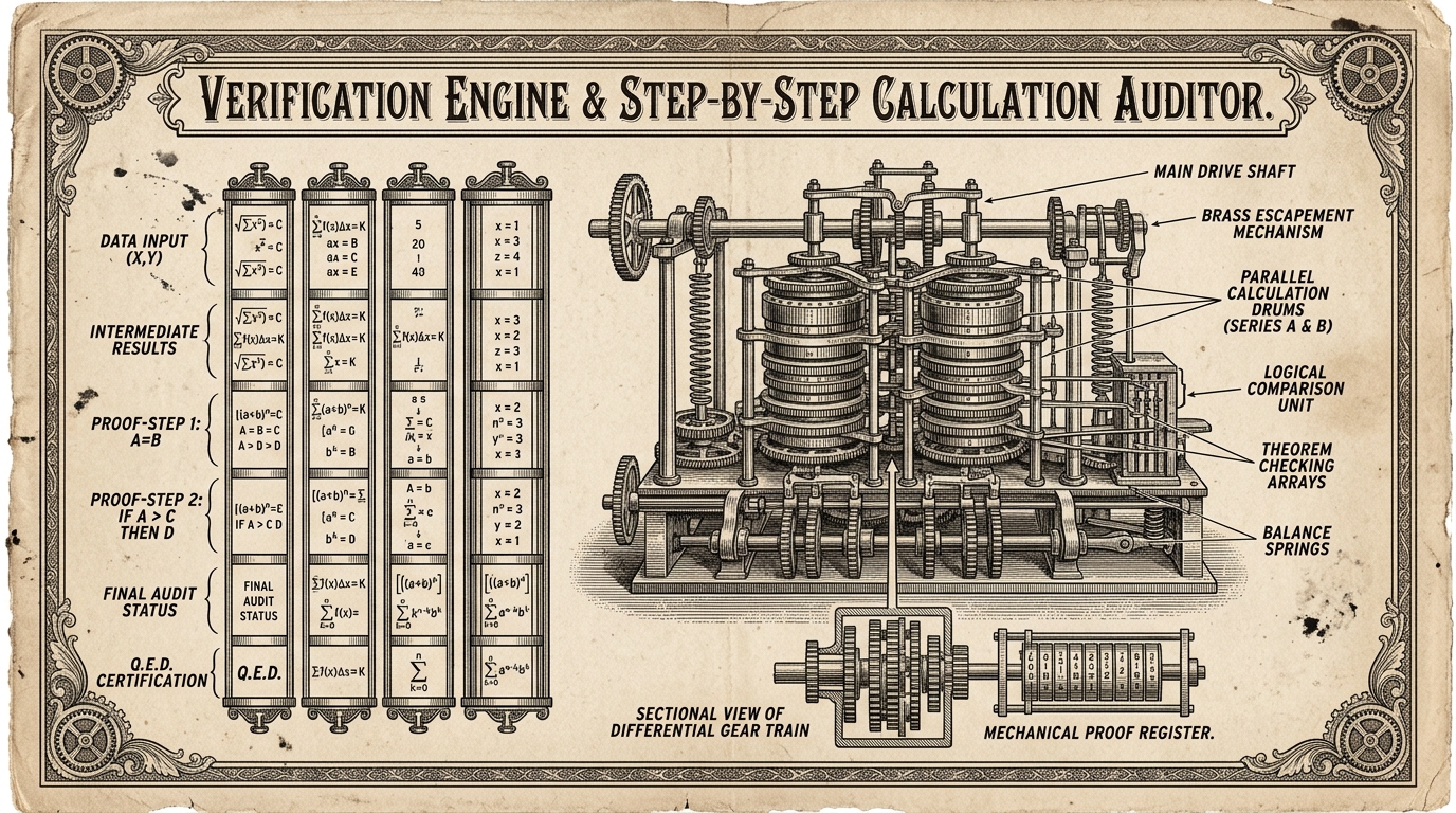 An engraved schematic of an intricate mechanical verification engine and step-by-step calculation auditor with parallel calculation drums and proof registers.
