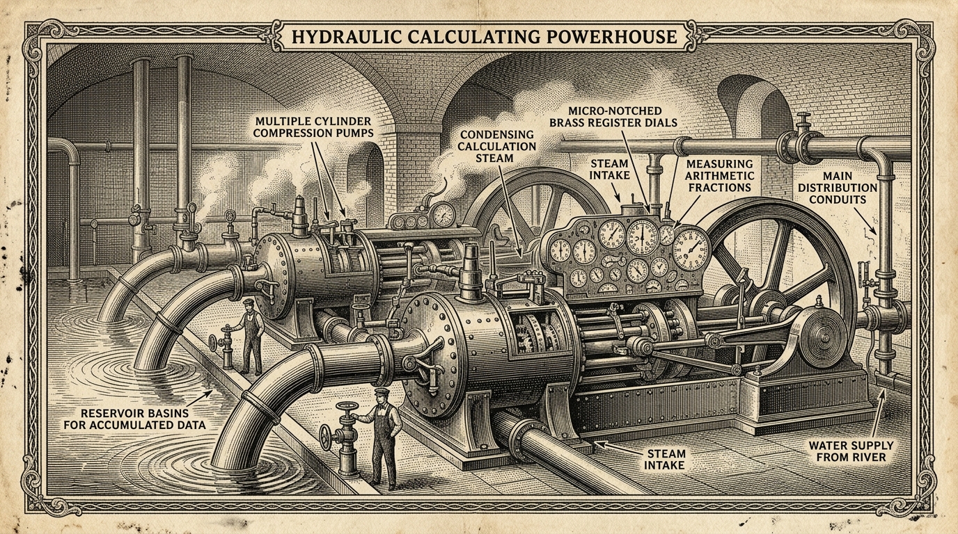 An engraved schematic of a Victorian hydraulic calculating powerhouse with multiple cylinder compression pumps, micro-notched brass dials, and condensing steam conduits.