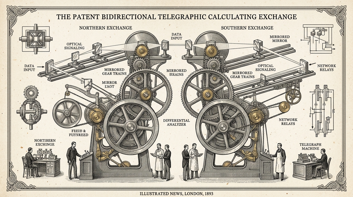 An engraved diagram of the Patent Bidirectional Telegraphic Calculating Exchange showing mirrored gear trains and optical signaling channels.
